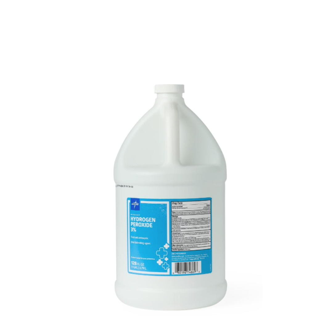 A large white plastic gallon jug with a blue label reading "Medline Hydrogen Peroxide 3%" and additional product details on a white background.